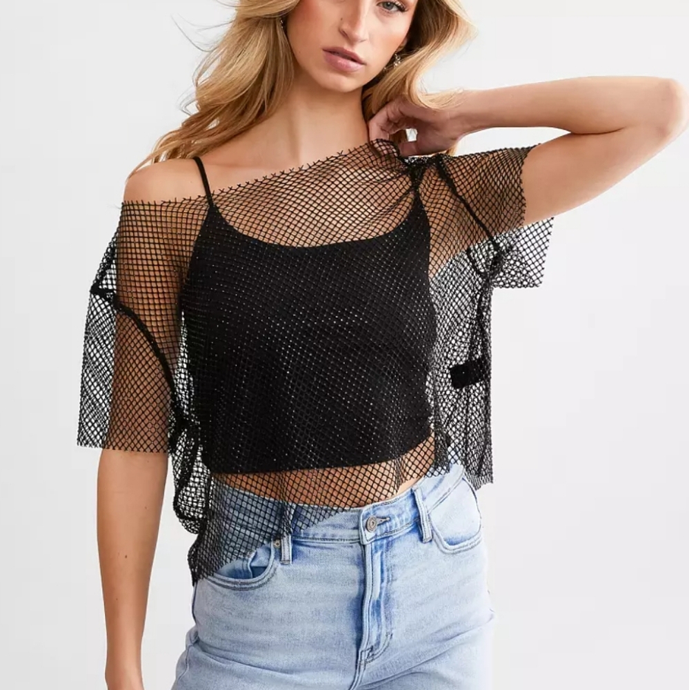 Black, Rhinestone Mesh Top, Buckle